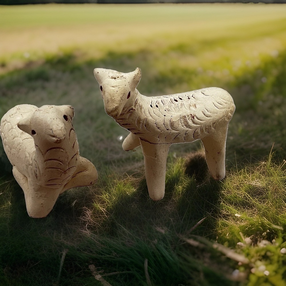 2 Handmade Pottery Clay Sheep Figurine Vintage Primitive Animals 2.25"